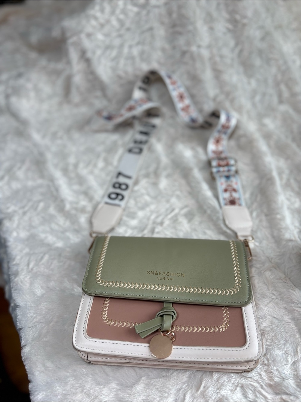Green and Pink Colorblock Crossbody with Decorative Strap